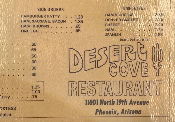 1970's DESERT COVE RESTAURANT Original Menu Atlee & Laura Mullet Phoenix Arizona