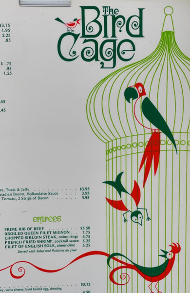 1977 Large Size Laminated Menu THE BIRD CAGE Restaurant Mystery Location