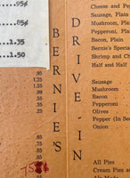 1940's 1950's Original Lenten & Pizza Menu BERNIE'S DRIVE IN Aurora Illinois