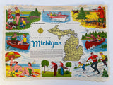 1960's Placemat FUN FOR EVERYONE in MICHIGAN Hunting Skiing Golf Boating Beach