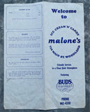 Vintage MALONE'S Ice Cream N Candy Restaurant Menu Woodland California