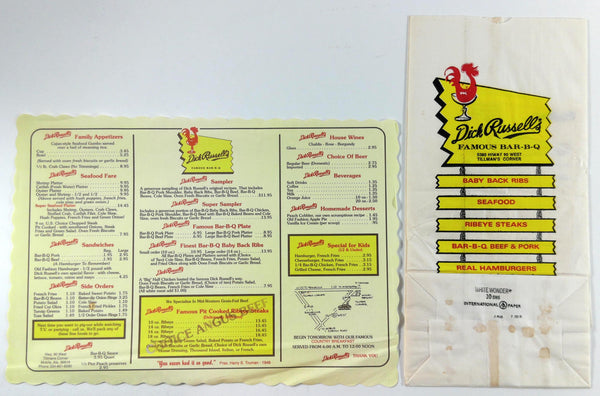 1980's DICK RUSSELL'S Famous Bar-B-Q Restaurant Mobile Alabama Original Menu Lot