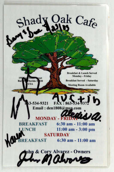 2003 Original Signed Menu SHADY OAK CAFE Restaurant Bartow Florida