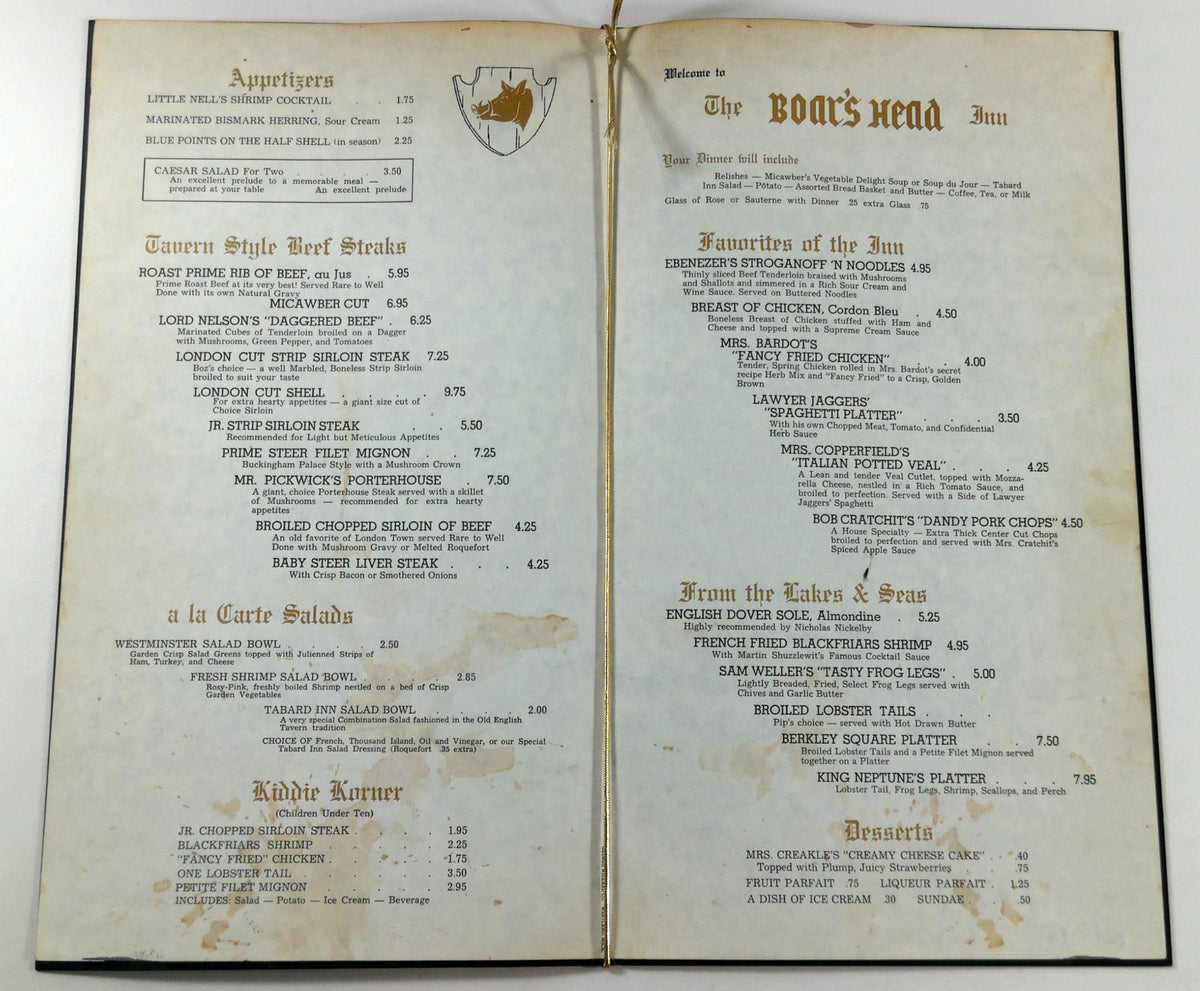 1970 Original Menu THE BOAR'S HEAD INN Restaurant Dearborn Heights Mic ...