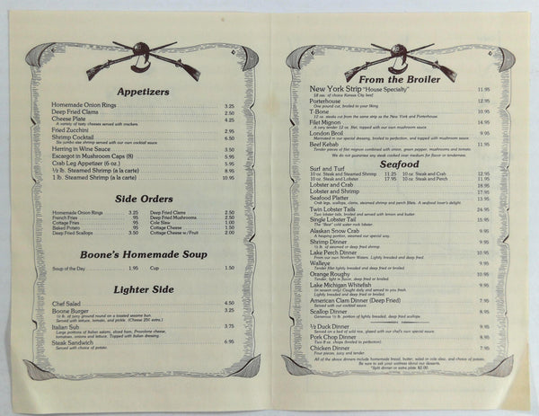 1990's Original Menu BOONE'S LONG LAKE INN Restaurant Traverse City Michigan