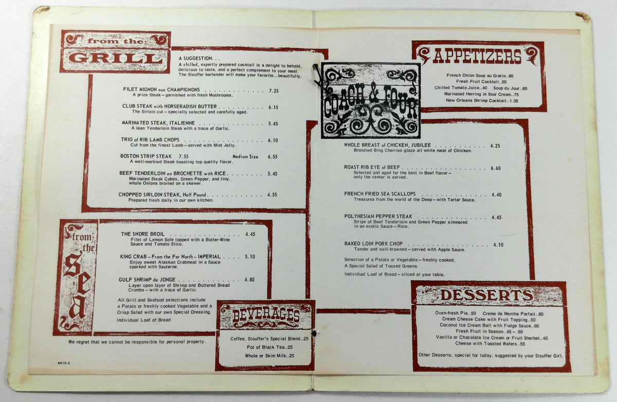 1970 Original Menu Northland Inn COACH & FOUR Restaurant Detroit Michi ...