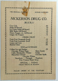 1930's Original Menu Card NICKERSON DRUG CO. Rexall Leominster Massachusetts