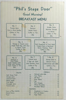 1930's Original Breakfast Menu Card PHIL'S STAGE DOOR Restaurant