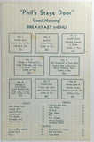 1930's Original Breakfast Menu Card PHIL'S STAGE DOOR Restaurant