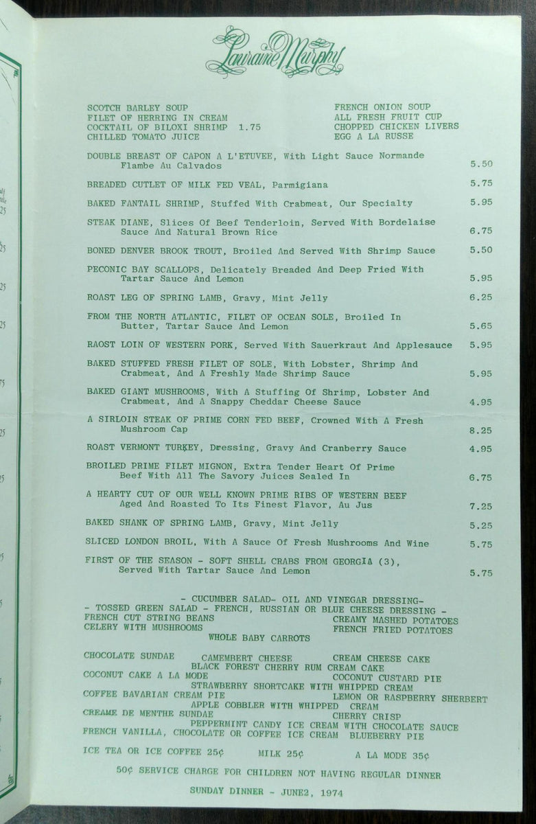 1974 Original Menu LAURAINE MURPHY Restaurant Manhasset Long Island Ne ...