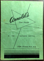 1950's Original Dinner Menu ARNOLD'S FINE FOODS Restaurant German Washington DC