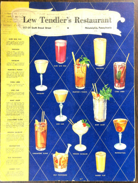 1950's Menu LEW TENDLER'S Restaurant Philadelphia Pennsylvania Cocktail Recipes