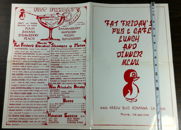 1980's Original Huge Menu FAT FRIDAY'S PUB & CAFE Fontana California ...