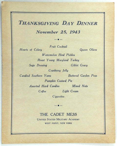 1943 WEST POINT Thanksgiving Day Menu The Cadet Mess US Military Academy NY