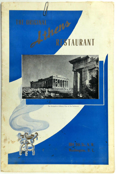 1953 The Original ATHENS RESTAURANT Original Greek Menu Washington DC