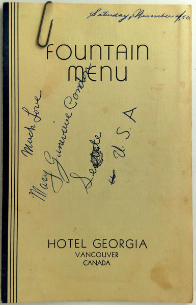 1950 Fountain Menu HOTEL GEORGIA Restaurant Vancouver British Columbia Canada