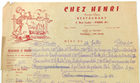 Original Vintage Menu CHEZ HENRI Maison Cligny Restaurant Paris France