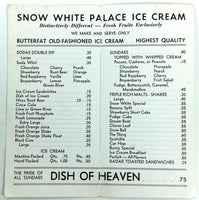 1950's Original Ice Cream Shop Menu SNOW WHITE PALACE Chicago Illinois