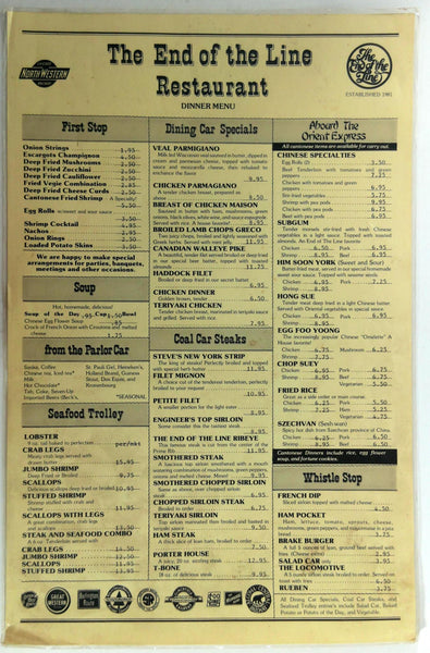 1980's Orig. Laminated Menu THE END OF THE LINE Restaurant Marshfield Illinois
