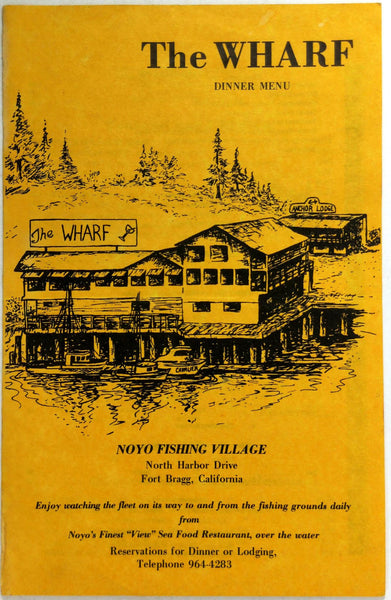 1980's Menu THE WHARF Restaurant Fort Bragg California Noyo Fishing Village