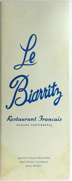 1969 Original Large Menu LE BIARRITZ French Restaurant West Covina California
