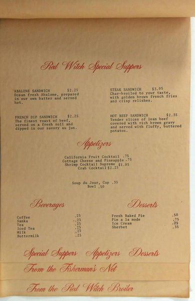 1960's Original Dinner Menu RED WITCH INN RESTAURANT Long Beach Califo ...