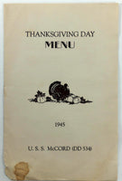 1945 Thanksgiving Day Menu USS McCord DD-534 Navy Fletcher Class Destroyer