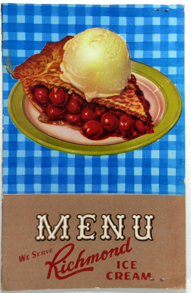 1940's Richmond Ice Cream Cover Restaurant Menu Sundae Pie