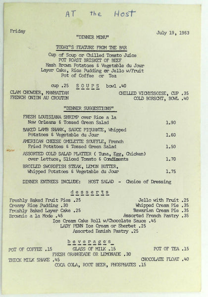 1963 Original Dinner Menu AT THE HOST Restaurant