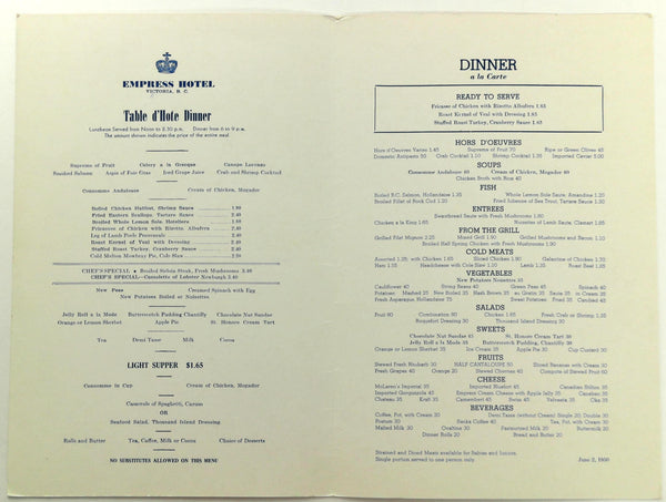 1950 Original Menu Empress Hotel Restaurant Victoria British Columbia Vintage Menu Mania 