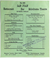 1960's Orig. Menu The 1890 San Juan Bar & Melodrama Theatre Silverton Colorado