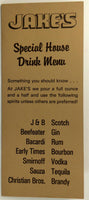 Original Vintage Drink Menu JAKE'S Restaurant