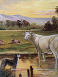 1894 EVENING Chromolithograph Poster COWS Children Sunset Dog Meadow Bridge