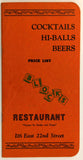 1930's Original Cocktails Beer Wine Menu Block's Restaurant Chicago Illinois