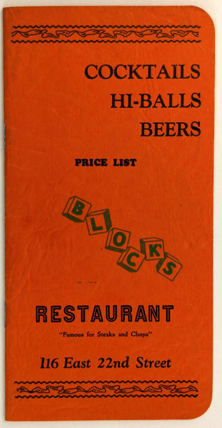 1930's Original Cocktails Beer Wine Menu Block's Restaurant Chicago Illinois