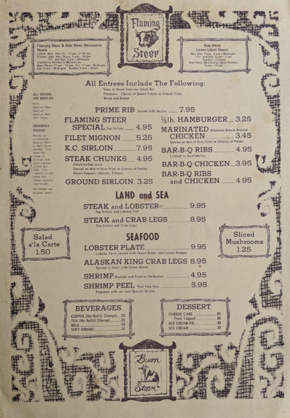 1970's Flaming Steer & Bum Steer Restaurant Vintage Menu Topeka Wichita Kansas