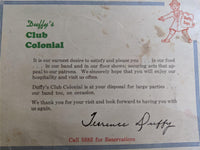 1940's Duffy's Club Colonial Fine Foods Restaurant Menu Watertown New York