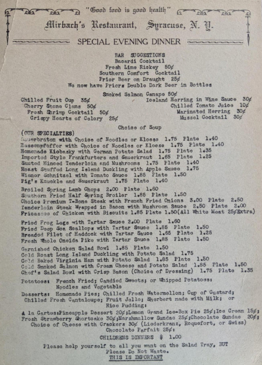 1940's Mirbach's Restaurant Syracuse New York Original Vintage Dinner ...