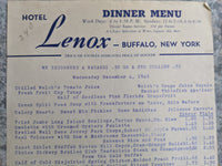 1946 Hotel Lenox Buffalo New York Vintage Dinner Menu