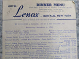 1946 Hotel Lenox Buffalo New York Vintage Dinner Menu