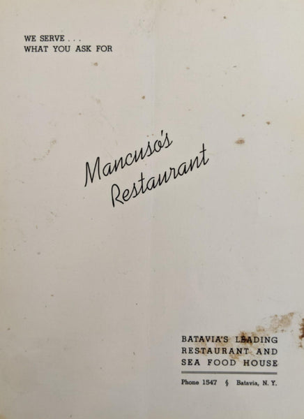 1940's Mancuso's Restaurant Batavia New York Vintage Menu Mancuso Bowling Center
