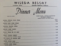 1950's Wiseda Resort Clearlake Highlands Coffee Shop California Menu Wisgerhof