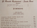1950's El Rancho Country Club Restaurant Santa Rosa California Vintage Menu