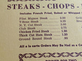 1950's The Steak House Restaurant Cheyenne Wyoming Vintage Menu