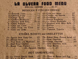 1940's La Olvera Mexican Restaurant Los Angeles California Vintage Menu