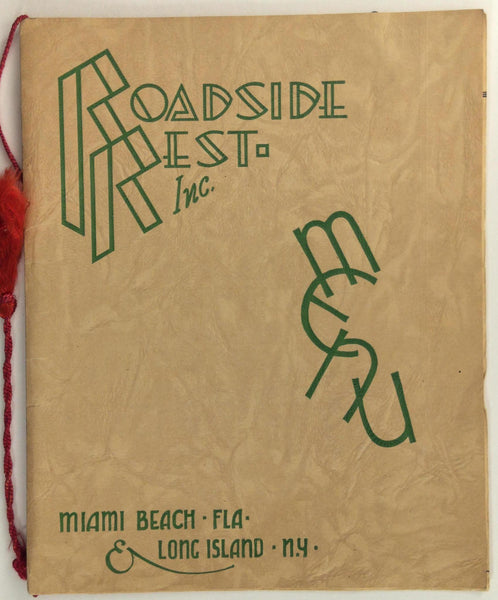 1930's Menu Roadside Rest. Inc. Miami Beach Florida & Long Island New York