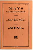 1940's Mays Luncheonette Original Vintage Restaurant Menu