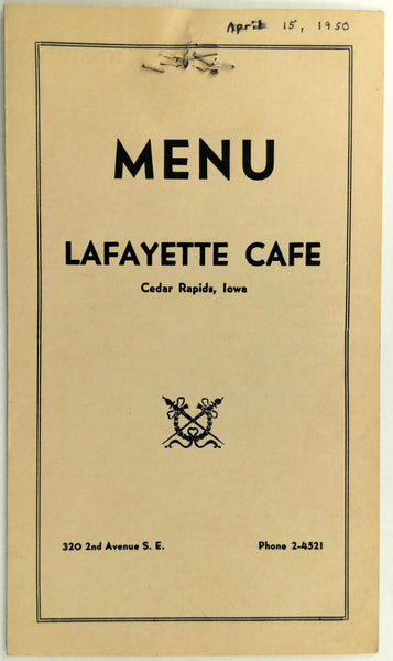 1950 Lafayette Cafe Original Vintage Restaurant Menu Cedar Rapids Iowa