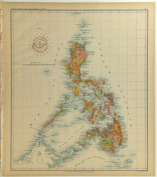 1899 Official Stamped US Navy Map Philippine Islands US Coast Geodetic Survey