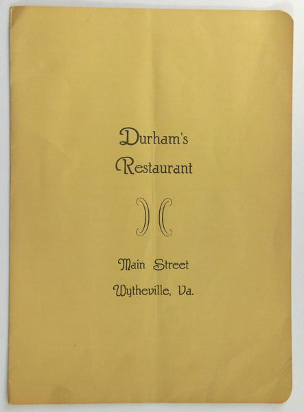 Durham's Restaurant Original Vintage Menu Main Street Wytheville Virginia